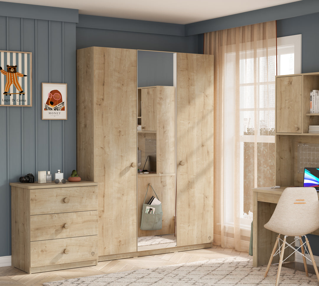 Melia✿ Mocha 3 Kapılı Aynalı Dolap | Çilek Odası